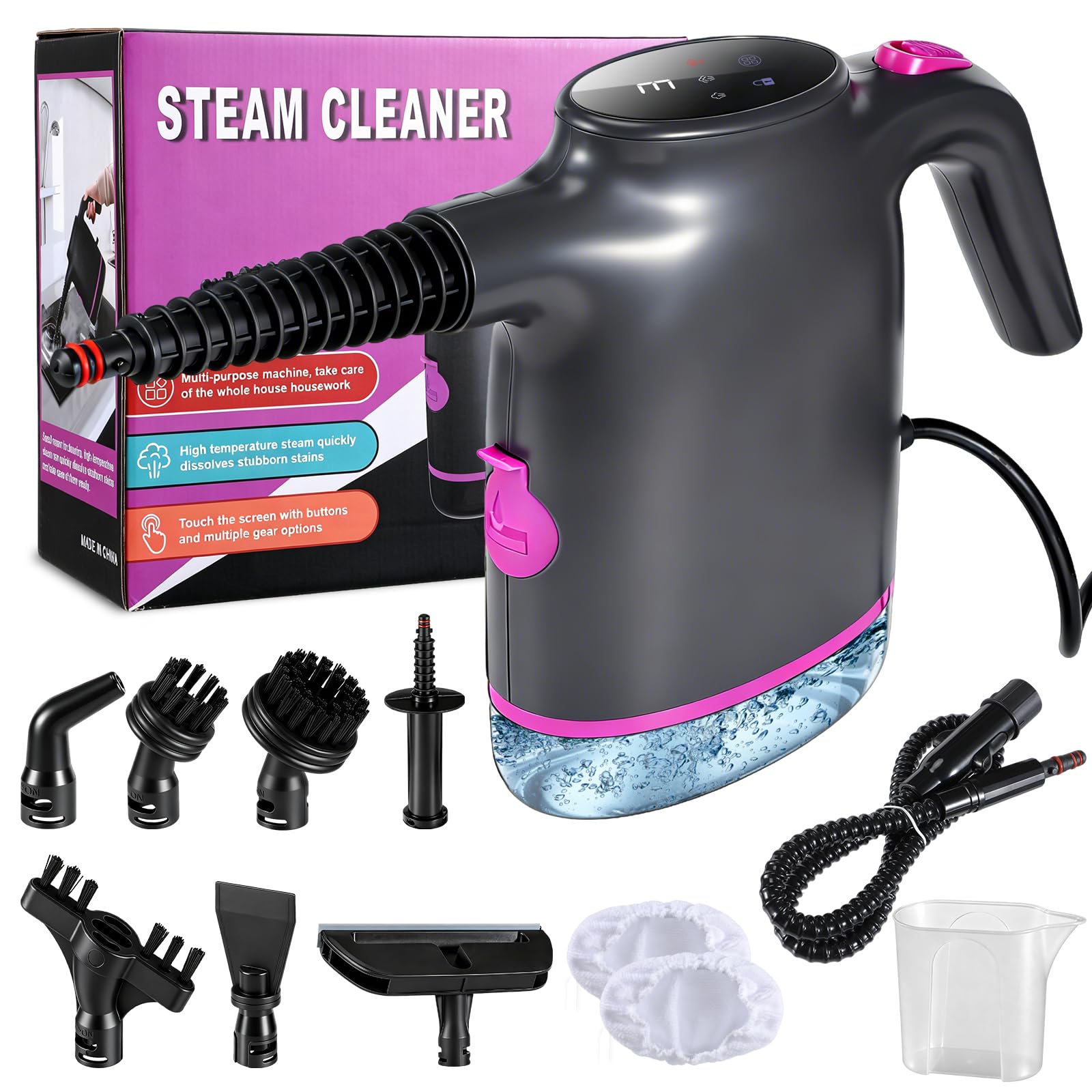 1200W Handheld Steam Cleaner,130°C Portable Steam Cleaners 15s Rapid Heat-up Hand Held Steam Cleaner with 400ml Tank 12 Accessories & Child Lock Chemical-Free Cleaning Steamer for Home Car Floors