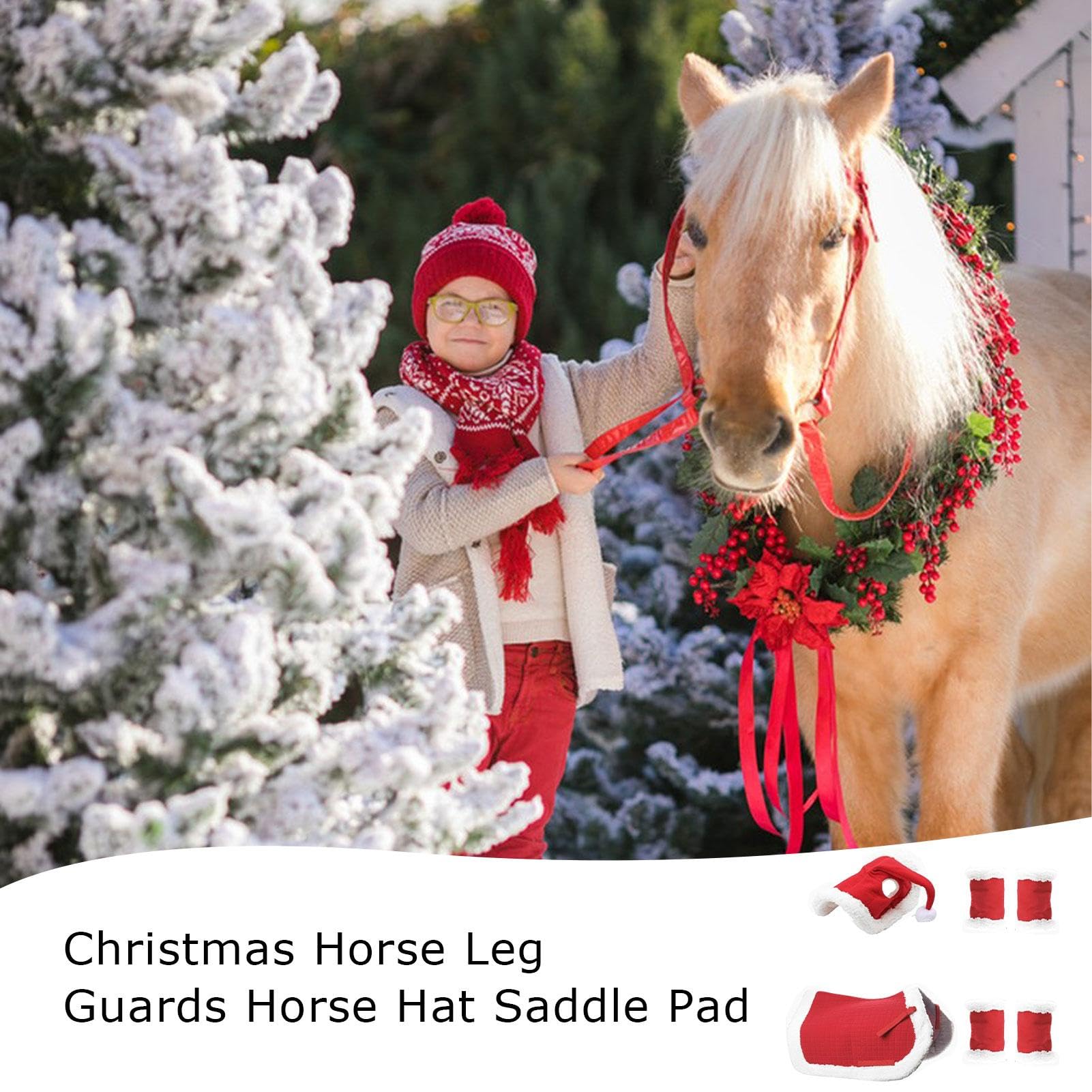 Lot De 6 Tapis De Selle De Noël Avec Fausse Fourrure, Costume De Noël En Peluche Douce, Un Chapeau De Père Noël Pour Chevaux Et Un Tapis De Selle Western Polyvalent Pour Les Fournitures De Noël.