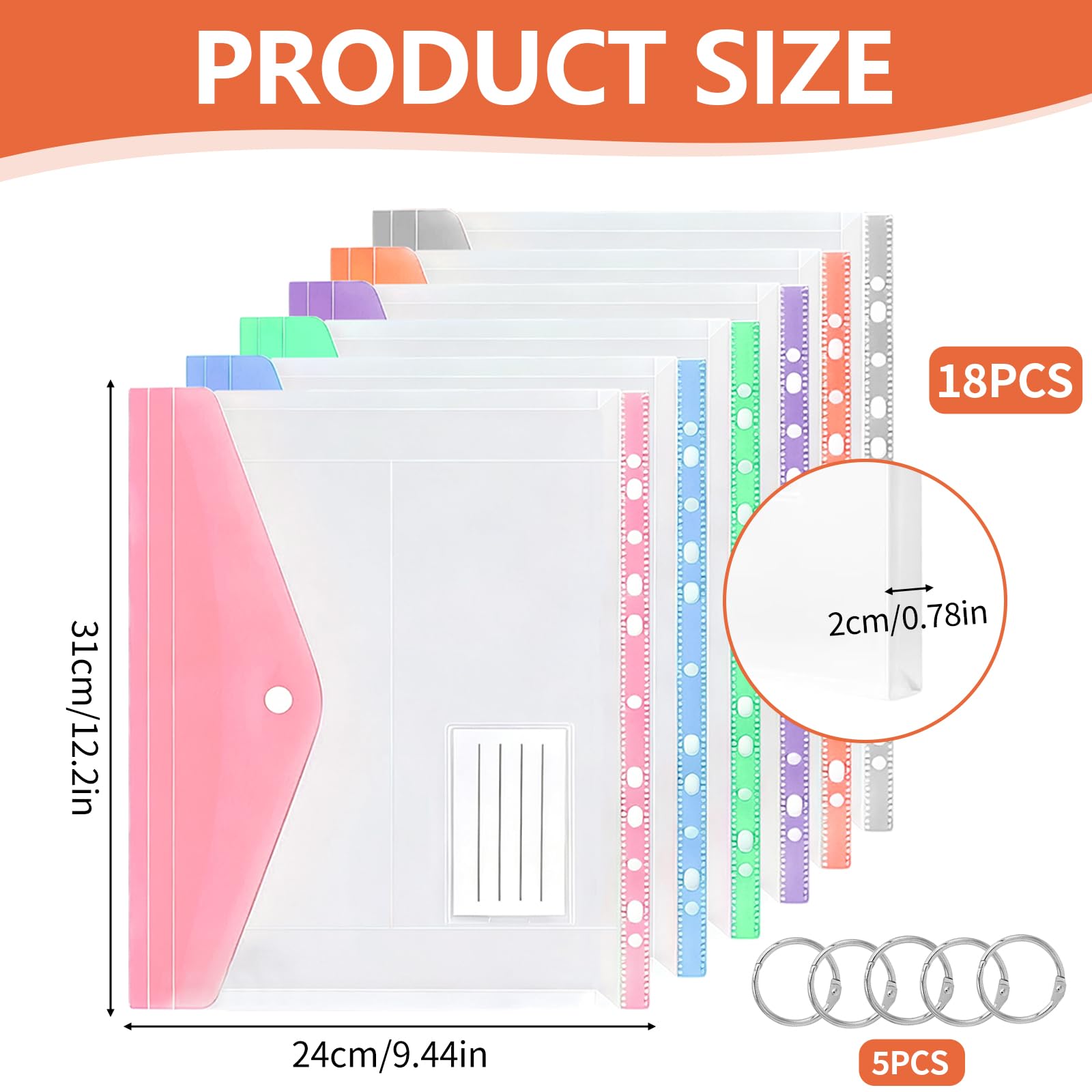 18 PCS Plastic Wallets A4, Punched Pockets Expandable Folders Plastic Document Files with Button Tab Card and 5 Ring Binders for Home Office and School - Image 2