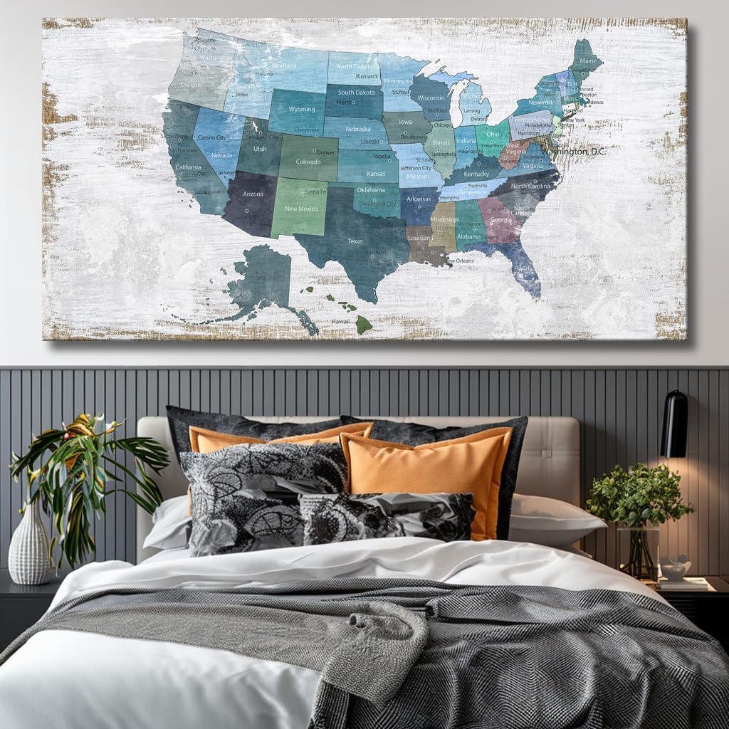 Wall Decor Map Canvas Wall Art for Wall Decoration Wood Background USA Canvas Prints for Bedroom Office Kitchen Home Wall Decor Framed Artwork Ready to Hang40 x79