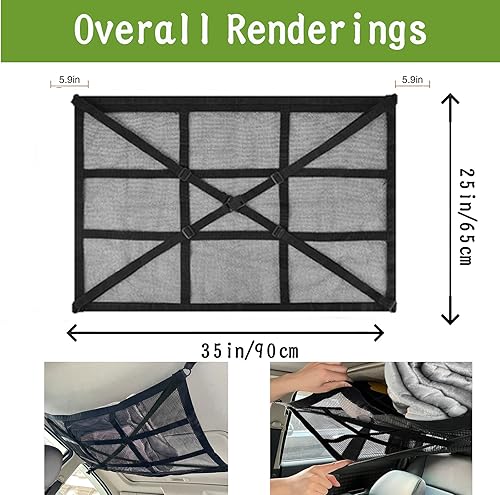 Miniatura 2 de Bolsillo de red de almacenamiento de techo para automóvil, 35.5 x 25.5 pulgadas, ajustable, de doble capa, bolsa de almacenamiento de techo para