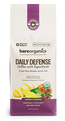 BareOrganics Artisan Ground Daily Defense - Café en bolsa con superalimentos, tostado oscuro, sin OMG y sin gluten, ginkgo, raíz de jengibre,