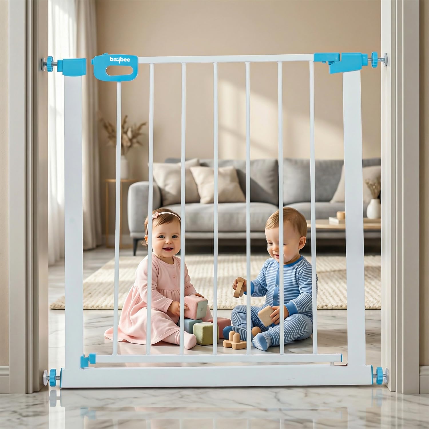 Baybee Baby Safety Gate for Door & Stairs 75-85 cm | No Drill Auto-Close Safety Gate for Kids & Pets | 180° Wide Opening Door Safety Gate | Adjustable Baby & Dog Gate Barrier for Home (White & Blue)-image-9