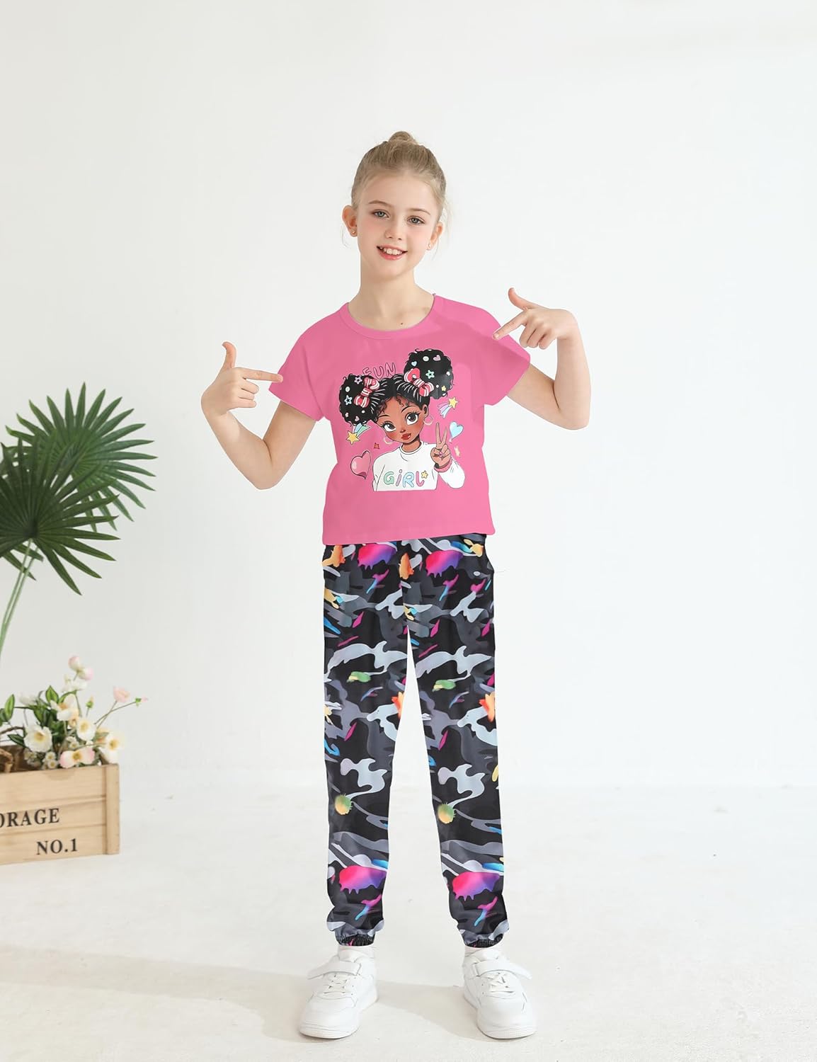 mksodop Girls Clothes 2 Pieces Solid Color Short Sleeve Fashion Printed T-Shirt and Camouflage Pants Girls Outfits Set - Image 3