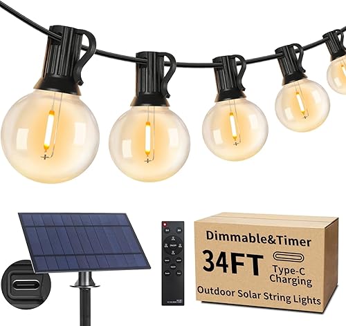 Tira de luces solares para exteriores de 34 pies con control remoto, impermeable, regulable, para exteriores, con 16 globos Edison G40