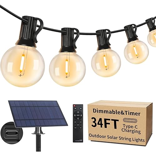 Outdoor Solar String Lights 34FT with Remote, Waterproof Dimmable Outside Patio String Lights with 16 Shatterproof G40 Edison Globe, Hanging Lights with 3 Lighting Modes for Backyard Bistro Party Cafe