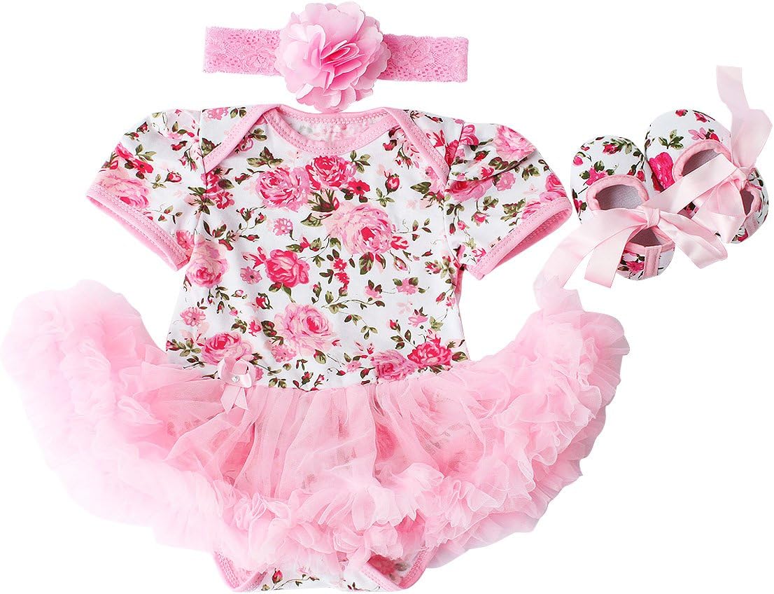 Baby Girls 3 Piece Sets Romper Dress Shoes and Headband Rose Flower Outfits Clothes Pink M:6-9Months