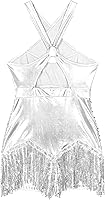 Vista 6 de iiniim Leotardo de jazz con lentejuelas para mujer, con flecos, borla para baile latino, ropa de baile