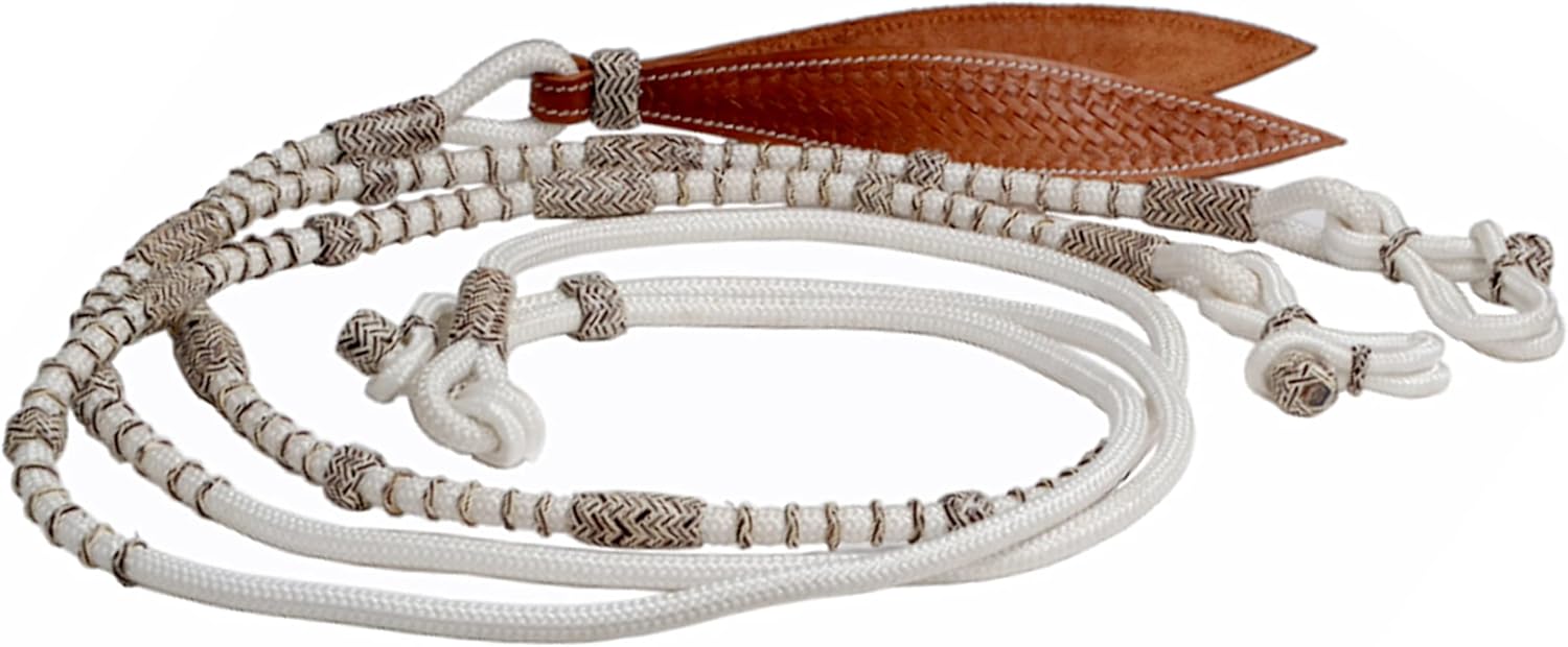White Nylon Rope with Brown Knots Raw Hide Leather Horse Tack Hand-Braided Romal Romel Reins Ranch Rope/Rope Reins8.5 Ft, 52' Romel