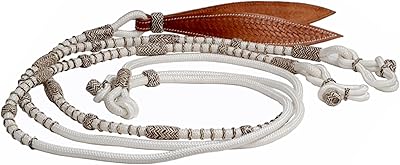 WeavingCraft White Nylon Rope with Brown Knots Raw Hide Leather Horse Tack Hand-Braided Romal Romel Reins Ranch Rope/Rope Reins