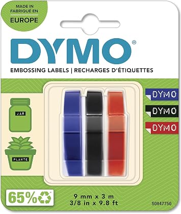 Dymo 3D Plastik Kabartma Şerit (9 mm x 3 mt), 3'lü Paket, Siyah/Kırmızı/Mavi - S0847750