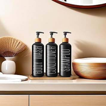 Black Glass Shampoo & Conditioner Dispenser Set with Bamboo Pumps & Tray - 3 Refillable Bottles for Shower, Pre-Labelled for Body Wash, Shampoo, Conditioner - 16.9oz/500ml Each