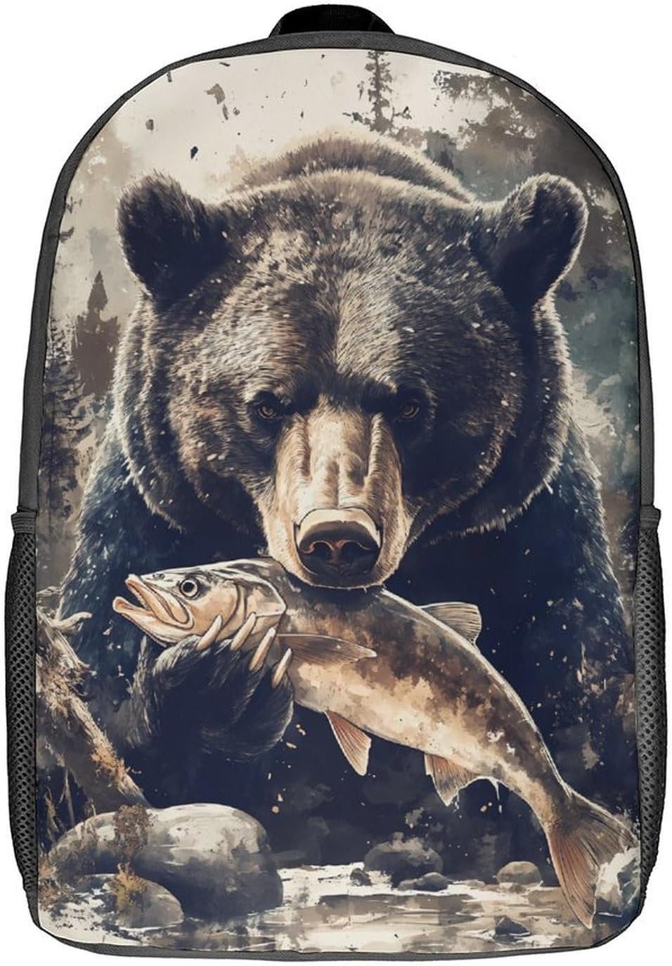 Black Bear Eating Fish Unisex Backpack 17" Casual Daypacks Simple Shoulders Bag for Camping Hiking Travel Gear