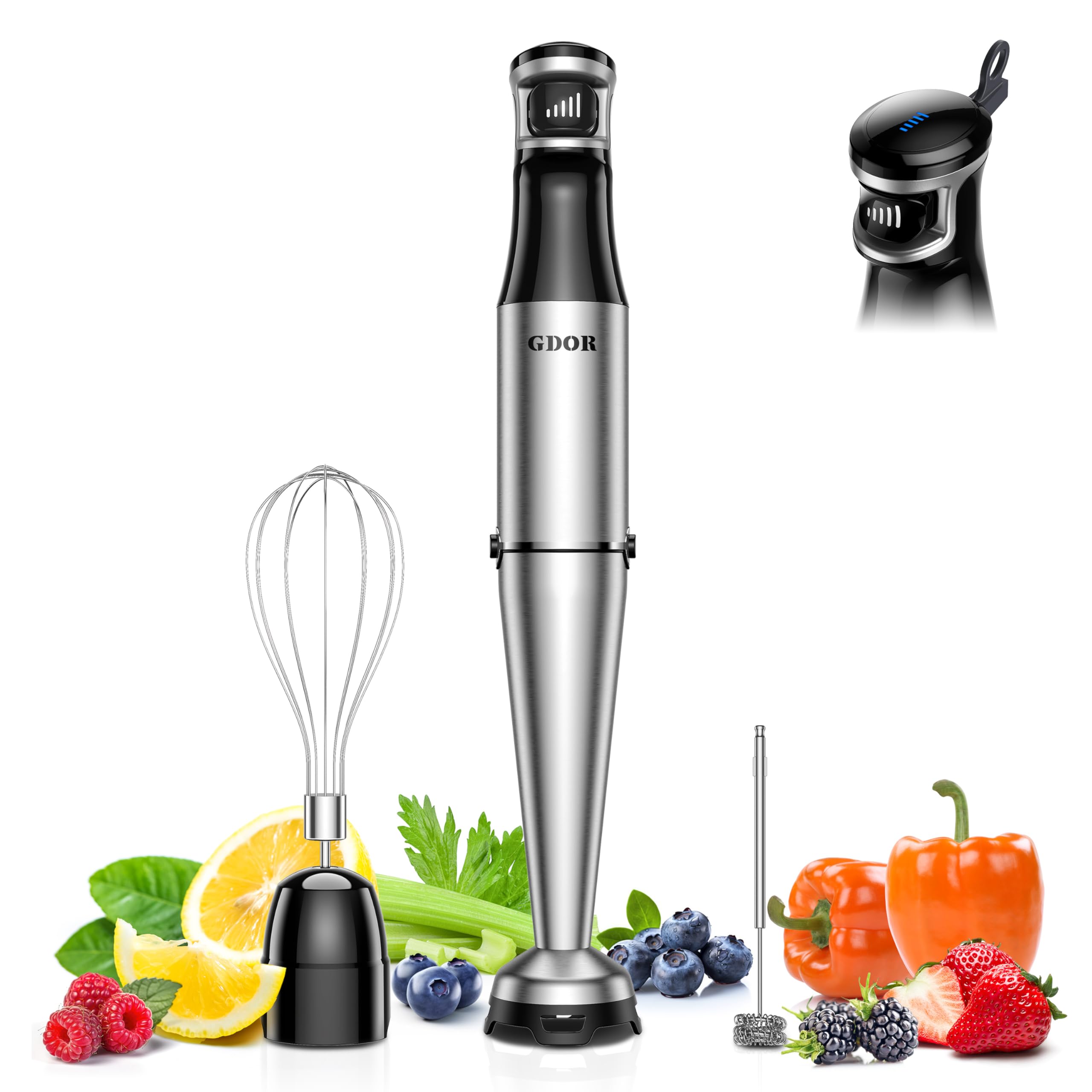 GDOR Stabmixer Elektrischer, 3 in 1 Pürierstab Edelstahl, 1100W Stufenlos Geschwindigkeiten Rührstab, Hand Blender Mit 2 Schneebesen, für Küche, Suppe, Smoothie, Püree