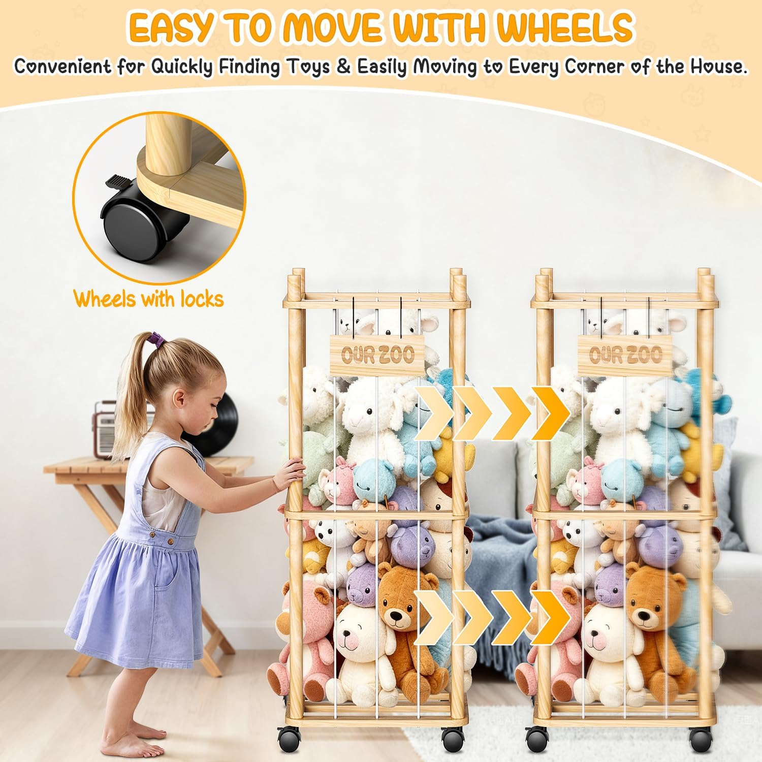 Stuffed Animal Storage Organizer, Wooden Plushies Toy Zoo Holder with Wheels, Large Capacity Storage Tower for Toys, Mobile Toy Holder Cage for Kids Playroom, Nursery, Toddler Room, 2 Tier, Log