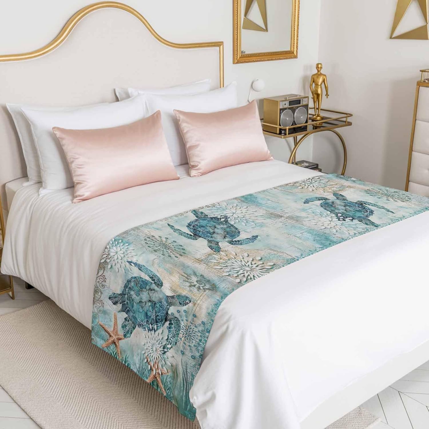 Bed Runner for Queen Size Bed, Coastal Sea Turtle Decorative Bed Runners Scarves for Bedroom, Teal Nautical Beach Starfish Vintage Washable Bedding Scarf Cover Bed Runner for Foot of Bed