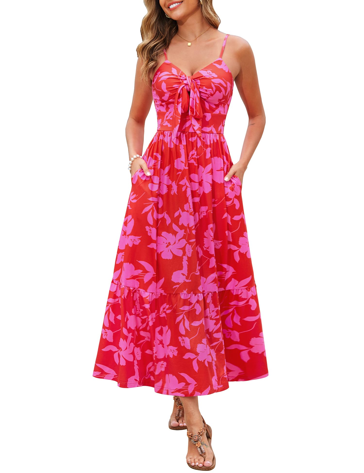 Kranda Women 2026 Summer Sundress High Waist Tie Front Spaghetti Strap Long Beach Floral Tiered Maxi Dress with Pockets