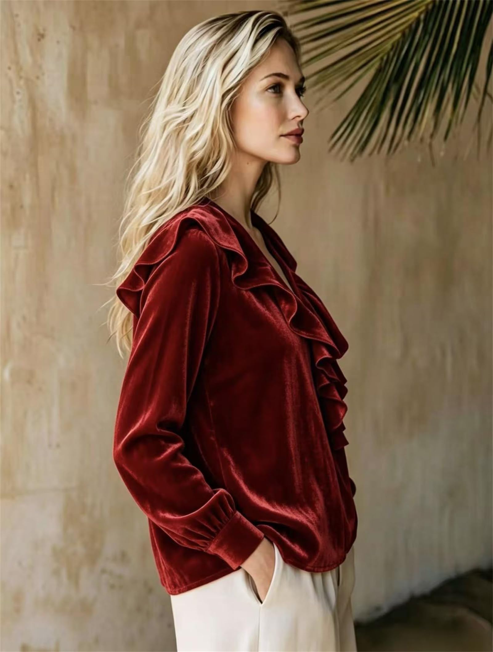 Top Mujer Terciopelo Cuello V Volantes Manga Larga Corte Holgado Casual Elegante Otoño
