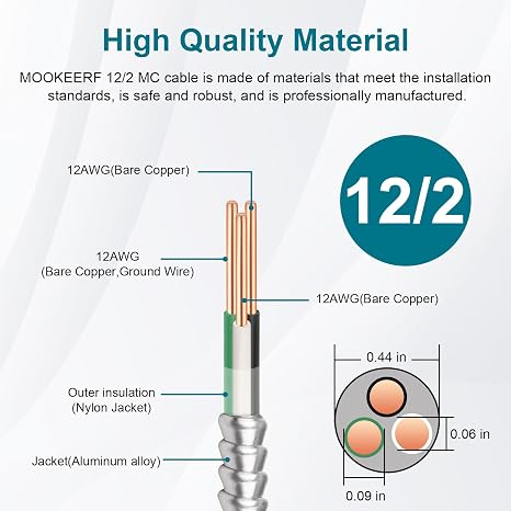 MOOKEERF 12/2 MC Cable with Ground - 75FT Pure Copper 12AWG/2 Metal Clad Wire with Aluminum Armor 12 Gauge 2 Conductor Type MC Alum Cable