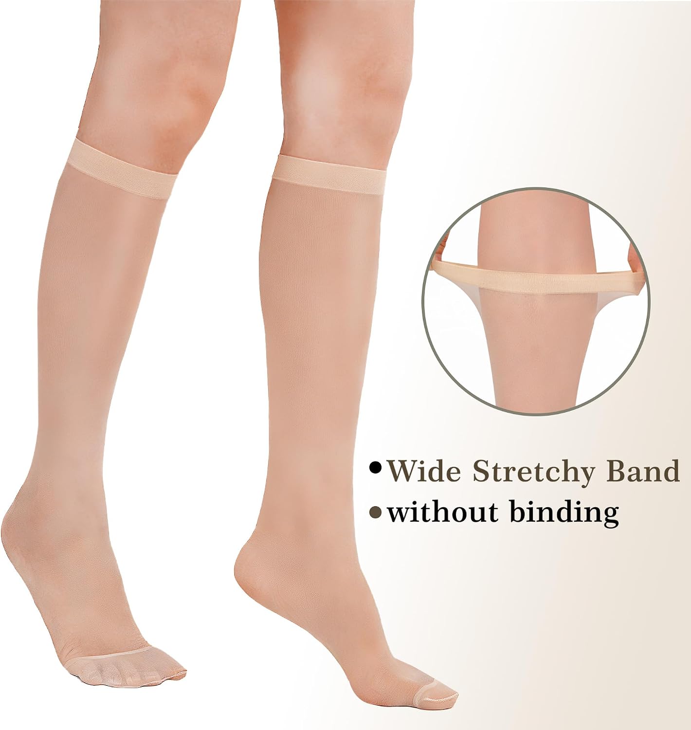 6 Pairs Knee High Stockings for Women, 15 Denier Sheer Nylon Socks with Reinforced Toe One Size
