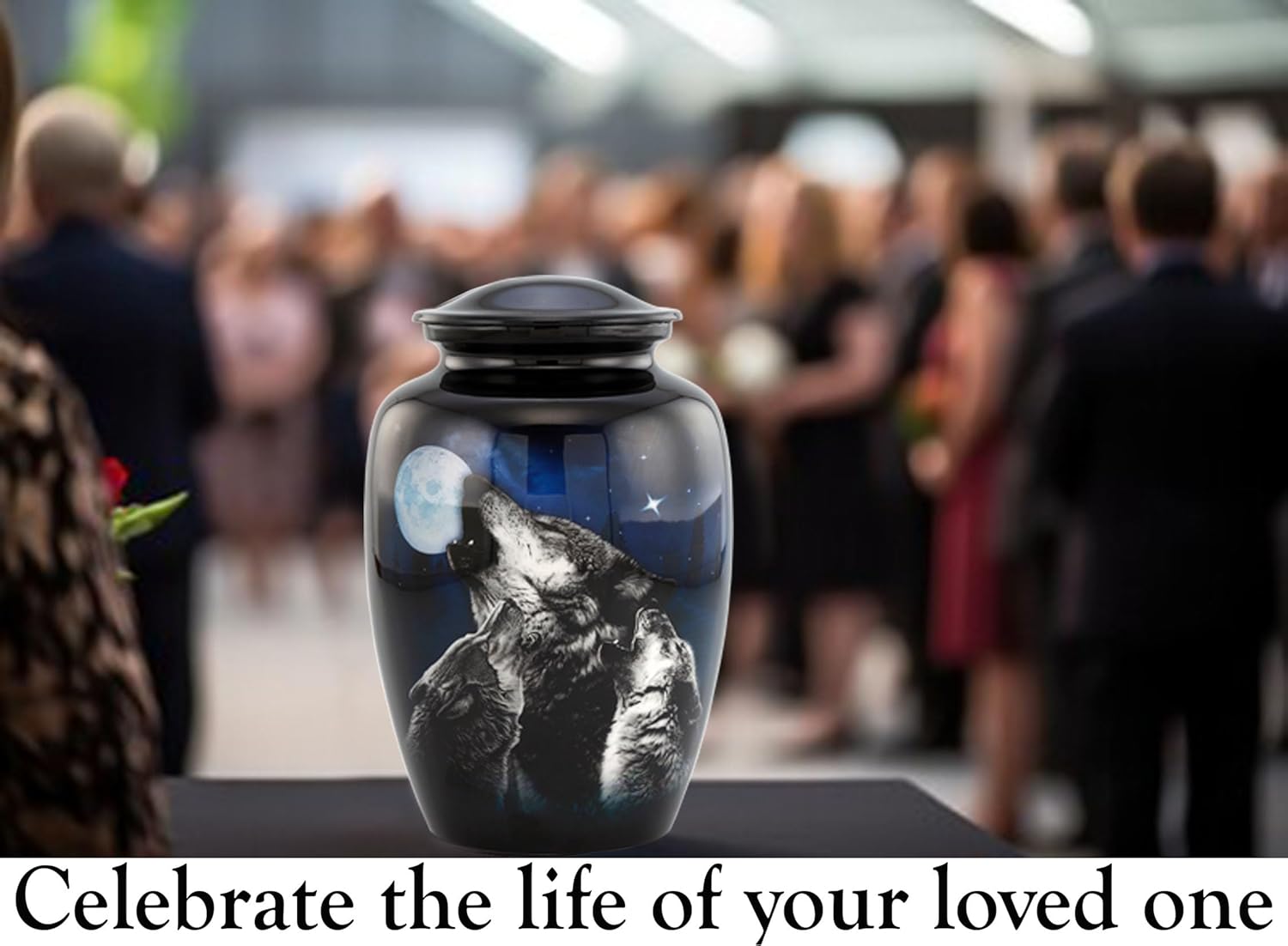 Midnight Wolves Cremation Urn – 3 Wolves Howling at The Moon – Full Size Wolf Urn for Human Ashes up to 210 lbs – Moonlit Wolves Memorial Funeral Urn for Men and Women with Velvet Bag (Large) - Image 3