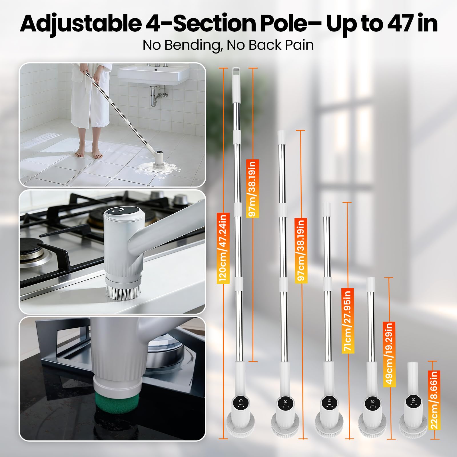 Spazzola elettrica rotante da 4500 mAh con 6 testine, manico regolabile da 119,4 cm, allevia il dolore alla schiena, impermeabile IPX7, per bagno, doccia, pavimento, piastrelle, vasca da bagno
