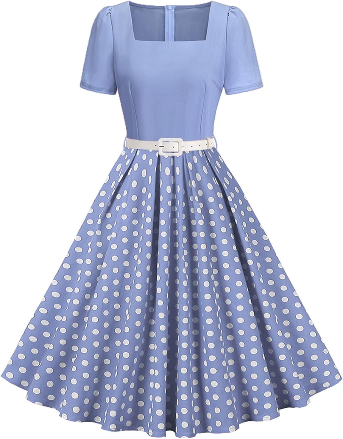 50s Style Dresses for Women Vintage Short Puff Sleeve Square Neck Swing Dress Cocktail Prom Dress with Belt