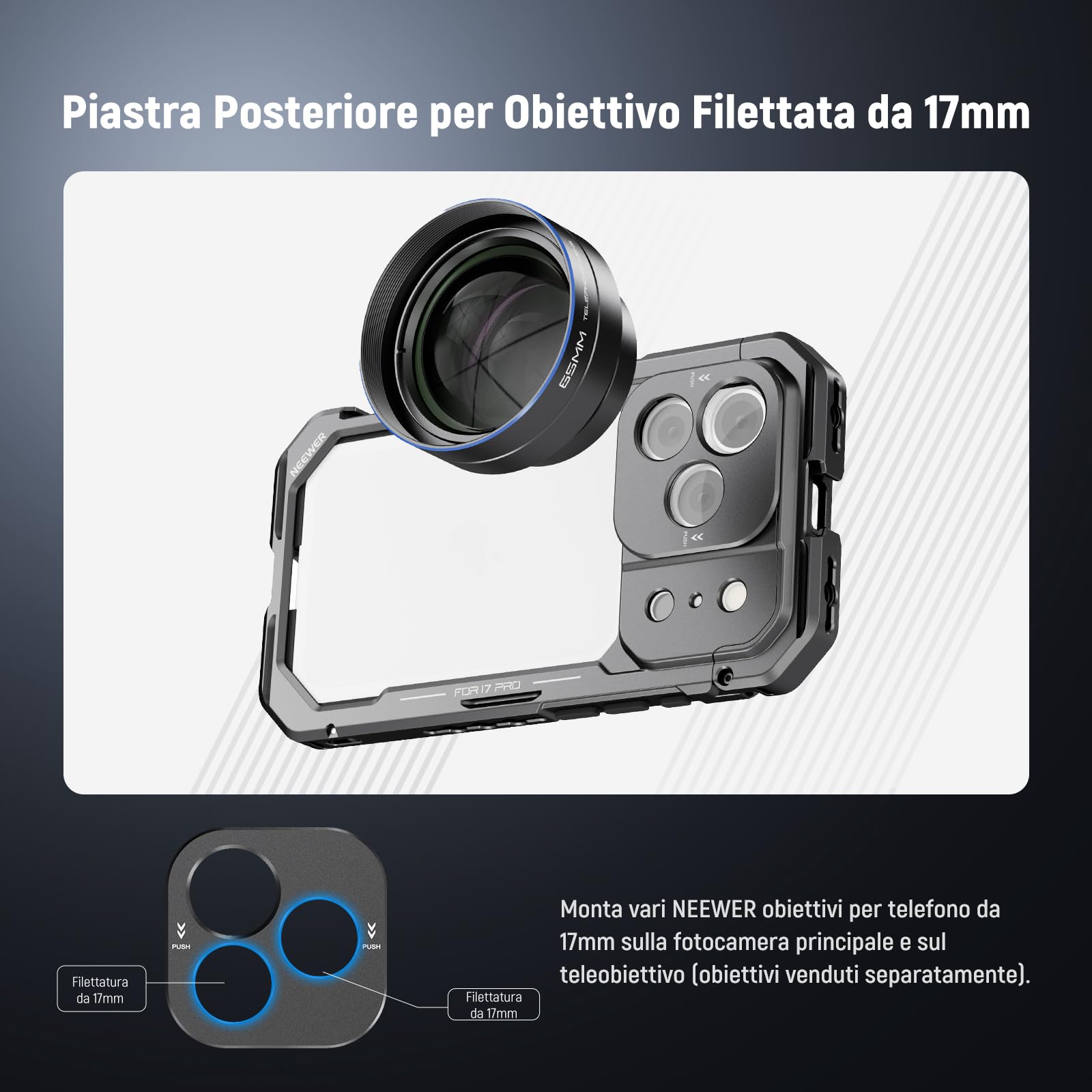 NEEWER Phone Cage Compatibile con iPhone 17 Pro, Accessorio Stabilizzatore Video Rig con Anello Filtro da 67mm, Backplate Lenti da 17mm, Adattatore T Mount, 4 Tappi di Controllo, PA143 (Nero)