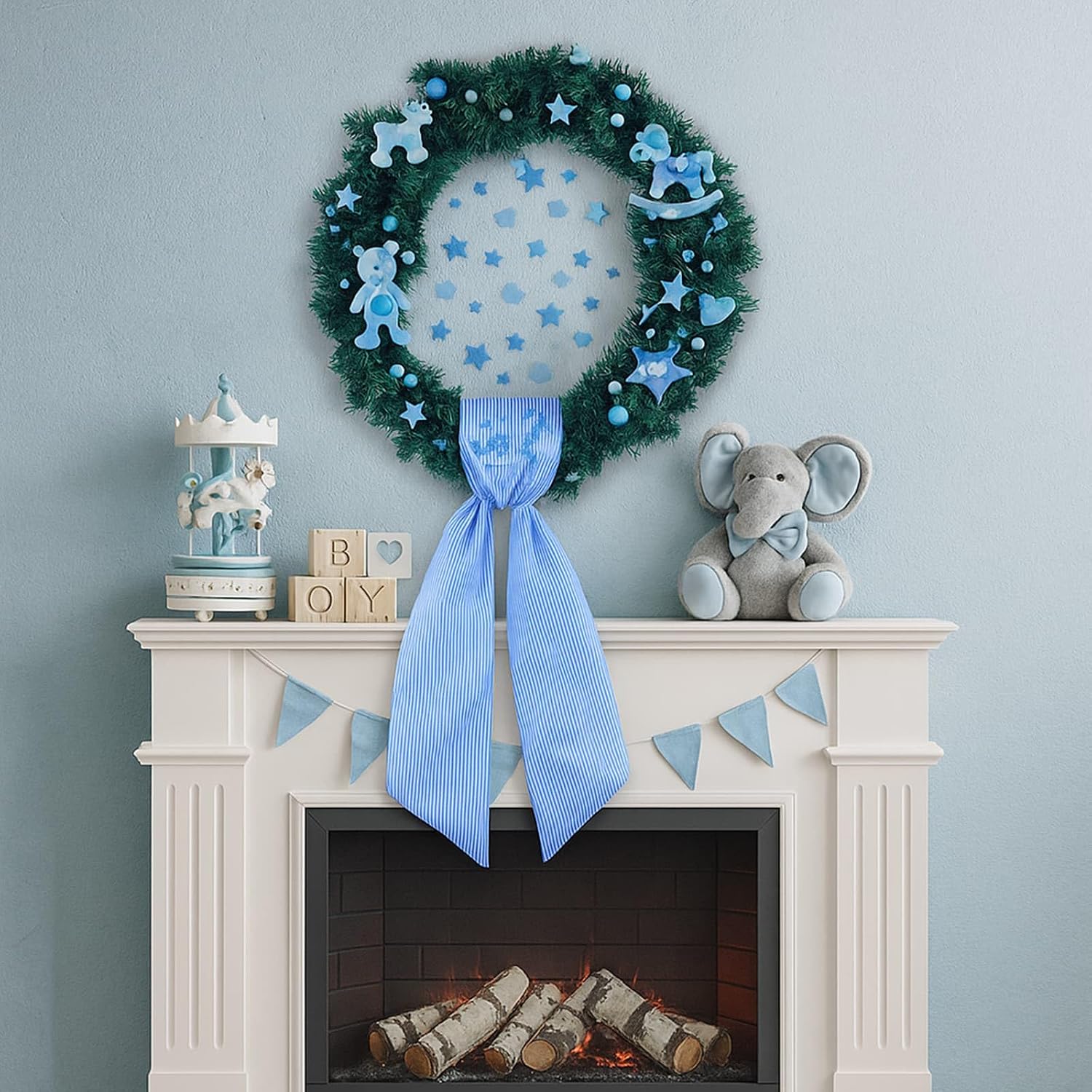 Blue Striped Wreath Sash for Front Door Wreath, 5.12" Wide x 54.33" Baby Shower Summer Holiday Door Ribbon Decorations Wedding Parties