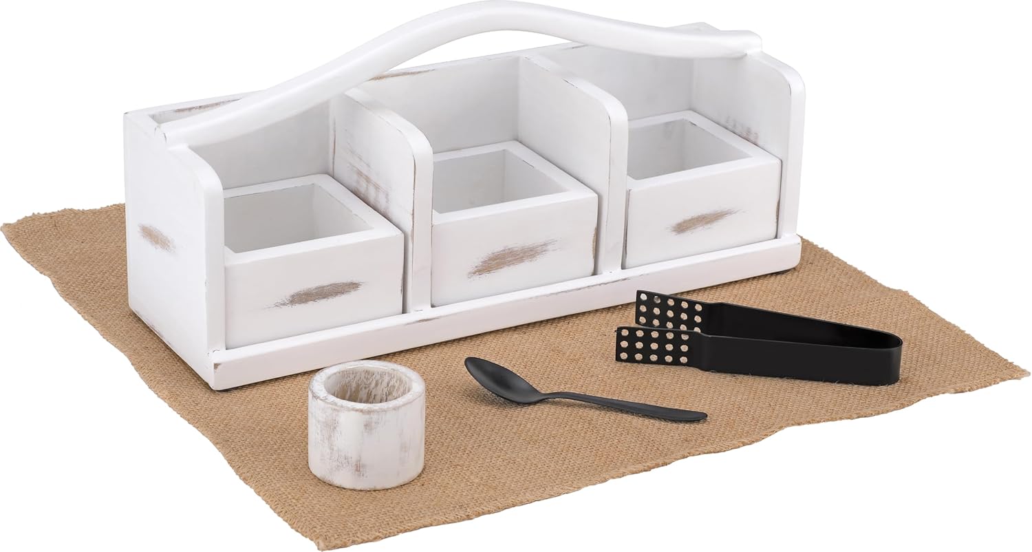 Wooden Tea Bag Organizer | Farmhouse Finish | 3-Compartment Storage | Countertop | Accessories: Tea Bag Squeezer, Natural Jute Placemat, Tea Spoon, Wooden Napkin Ring