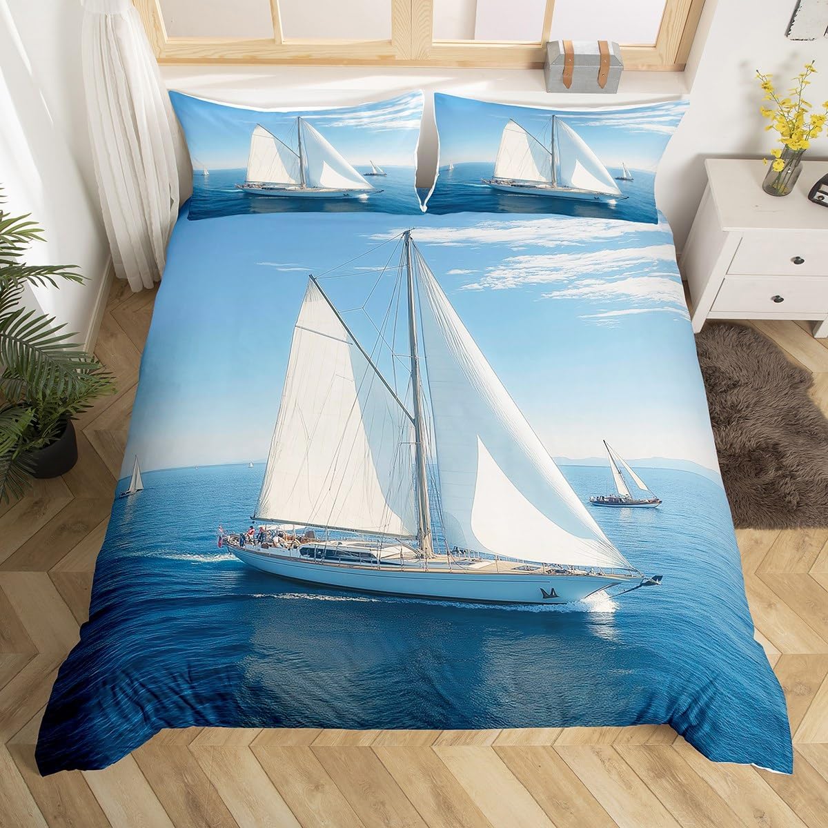 Erosebridal Sailing Boat Comforter Cover Nautical Bedding Set Sea Wave Print Duvet Cover Sea Landscape Bedspread Cover, Blue Breathable Decoration 1 Duvet Cover with 2 Pillow Cases Full Size