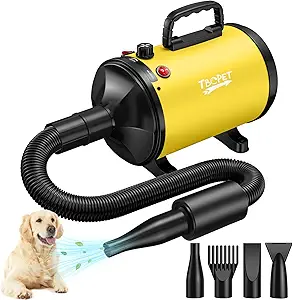 Dog Dryer High Velocity Dog Hair Dryer with 4 Nozzles 5.2HP/3800W (Professional Super Cyclone), Stepless Adjustable Speed Temperature Dogs Grooming Blow Dryer with Heater for Pets Hair Dryer, Yellow