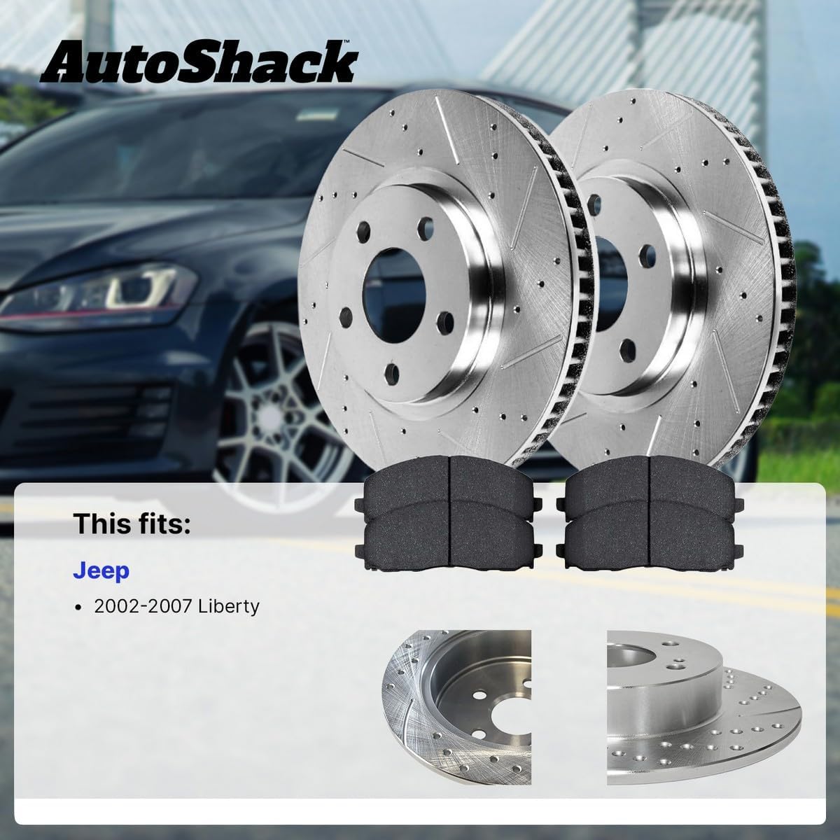AutoShack Front Brake Rotors & Ceramic Pads for Jeep, Liberty 2002-2007, 4WD RWD L4 2.4L 2.8L V6 3.7L - Silver Zinc Coated Drilled & Slotted - SilverShield Pro - 11.32" (287.6 mm), 5-Lug
