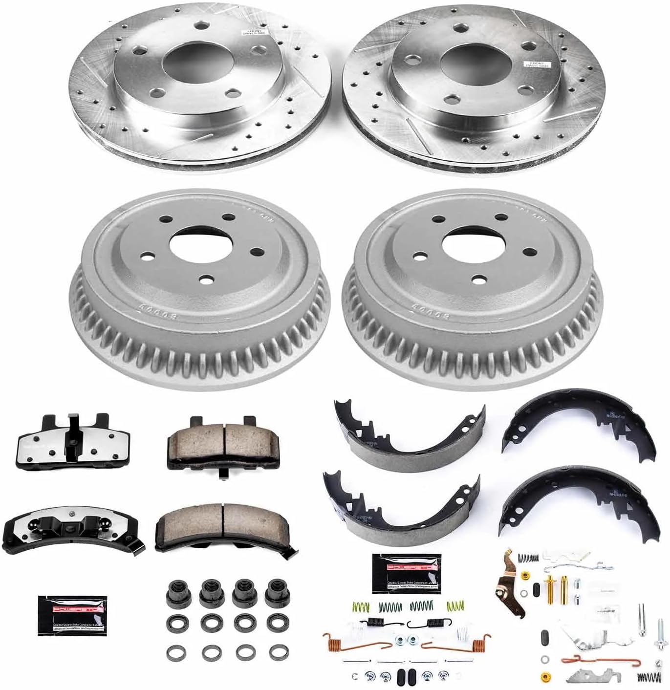 PowerStop Front & Rear Brake Kit + Drums For Dodge Ram 1500 1994-99 - Truck & Tow Carbon Fiber Ceramic Brake Pads + Drilled & Slotted Rotors Upgrade, K15033DK-36