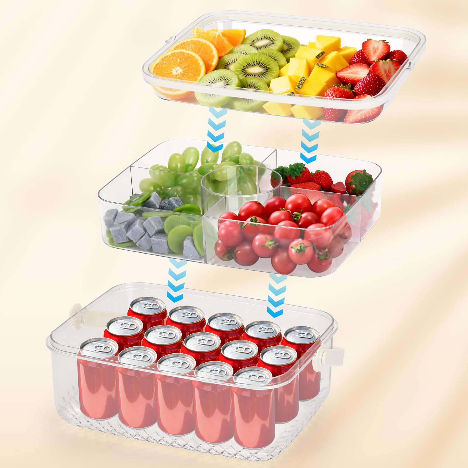 Bandejas grandes para servir frías con tapa y asa, platos portátiles de 5 compartimentos para aperitivos, fiestas, bufés, barbacoas, catering, eventos al aire libre, ensaladas y mariscos