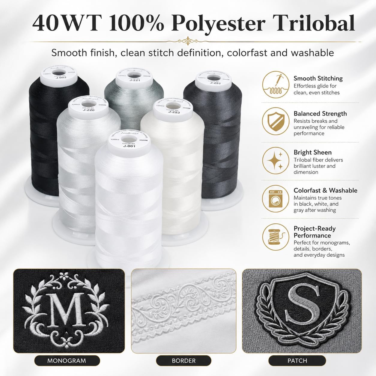 Simthread 6 Spools Embroidery Thread Set, 3000 Yards Each, 40WT 100% Polyester Trilobal Machine Thread for Brother, Singer, Janome, Babylock, Home & Professional Use, Black White Gray