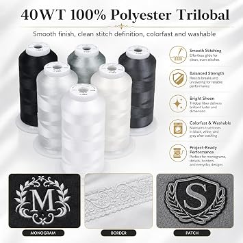 Simthread 6 Spools 3000Y 40WT Polyester Embroidery Thread Black White Gray