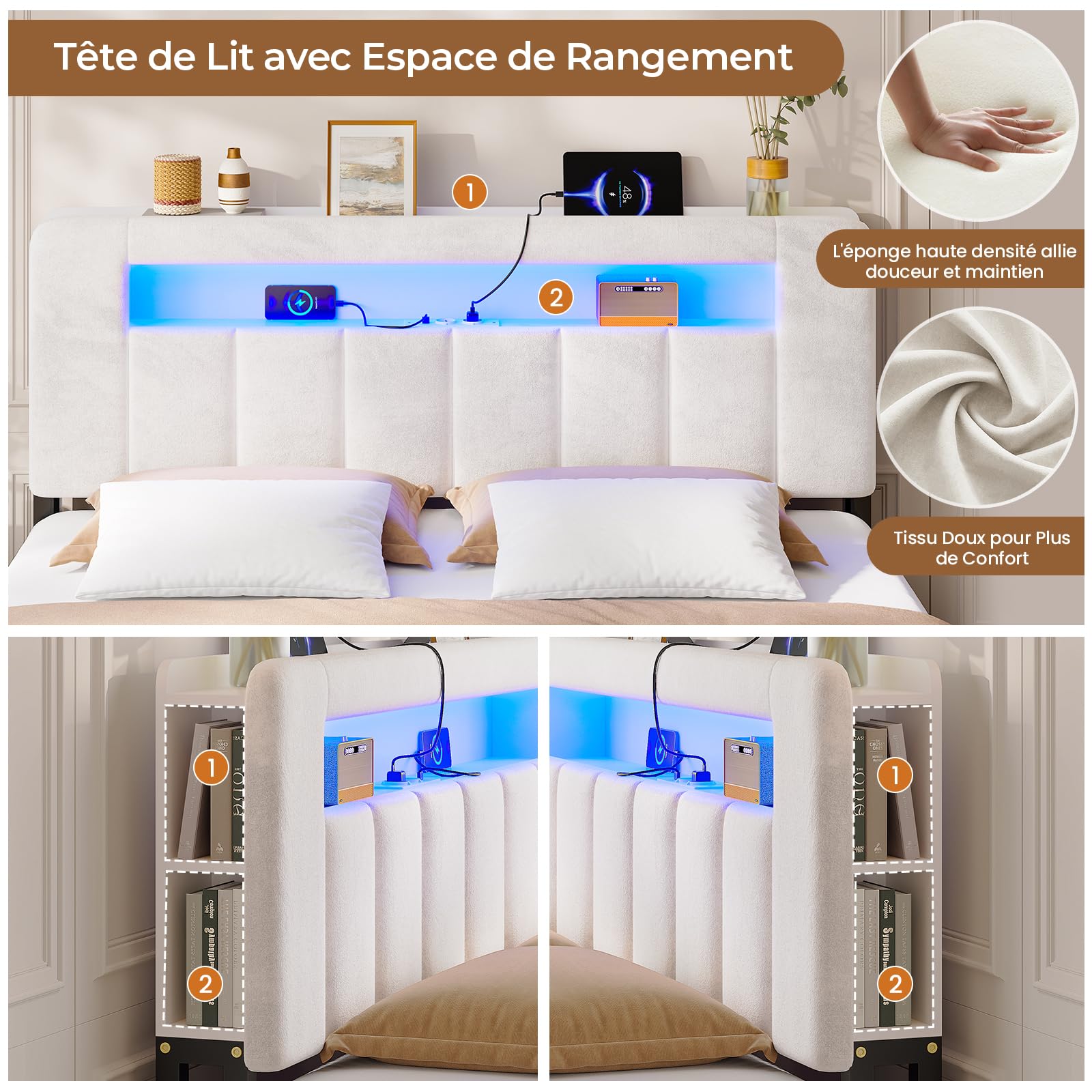 AOGLLATI Lit Coffre 140x190 avec Multiprise Intégrée | Lit 140x190 avec Sommier,Rangement Hydraulique,Éclairage LED,Capitonné en Velours Beige,2 Étagères, 4 Niches Ouvertes