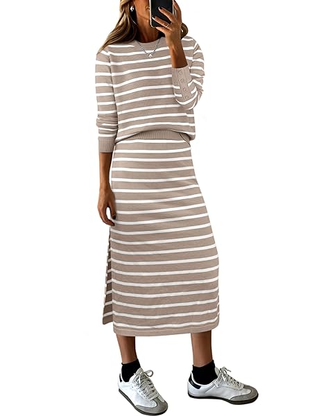 ANRABESS 2 Piece Skirts Sets For Women Fall Fashion 2025 Striped Sweater Midi Dress Knit Lounge Travel Outfits Winter Clothes