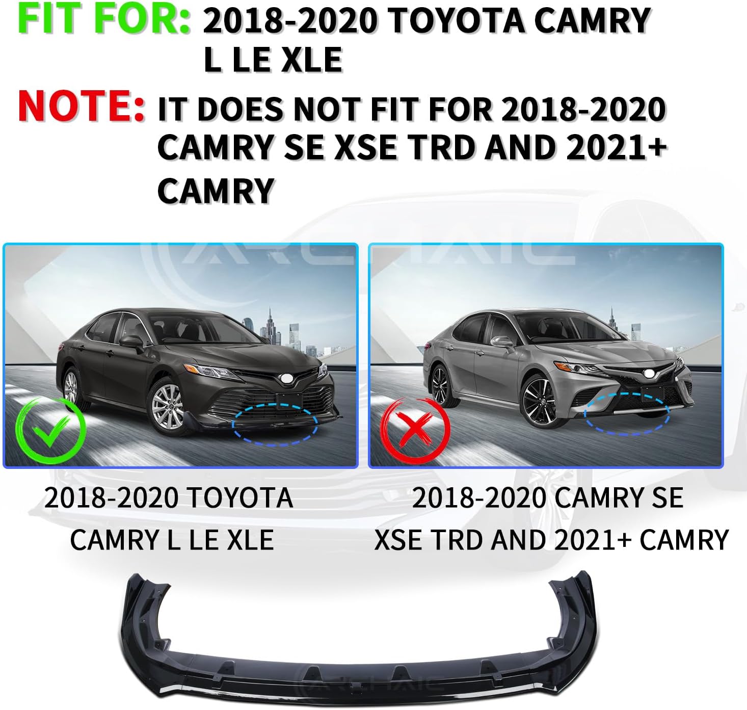 Archaic Front Bumper Lip Spoiler Compatible for 2018 2019 2020 Toyota Camry [L LE XLE], Splitter Under Chin Spoiler Body Kit Camry Accessories