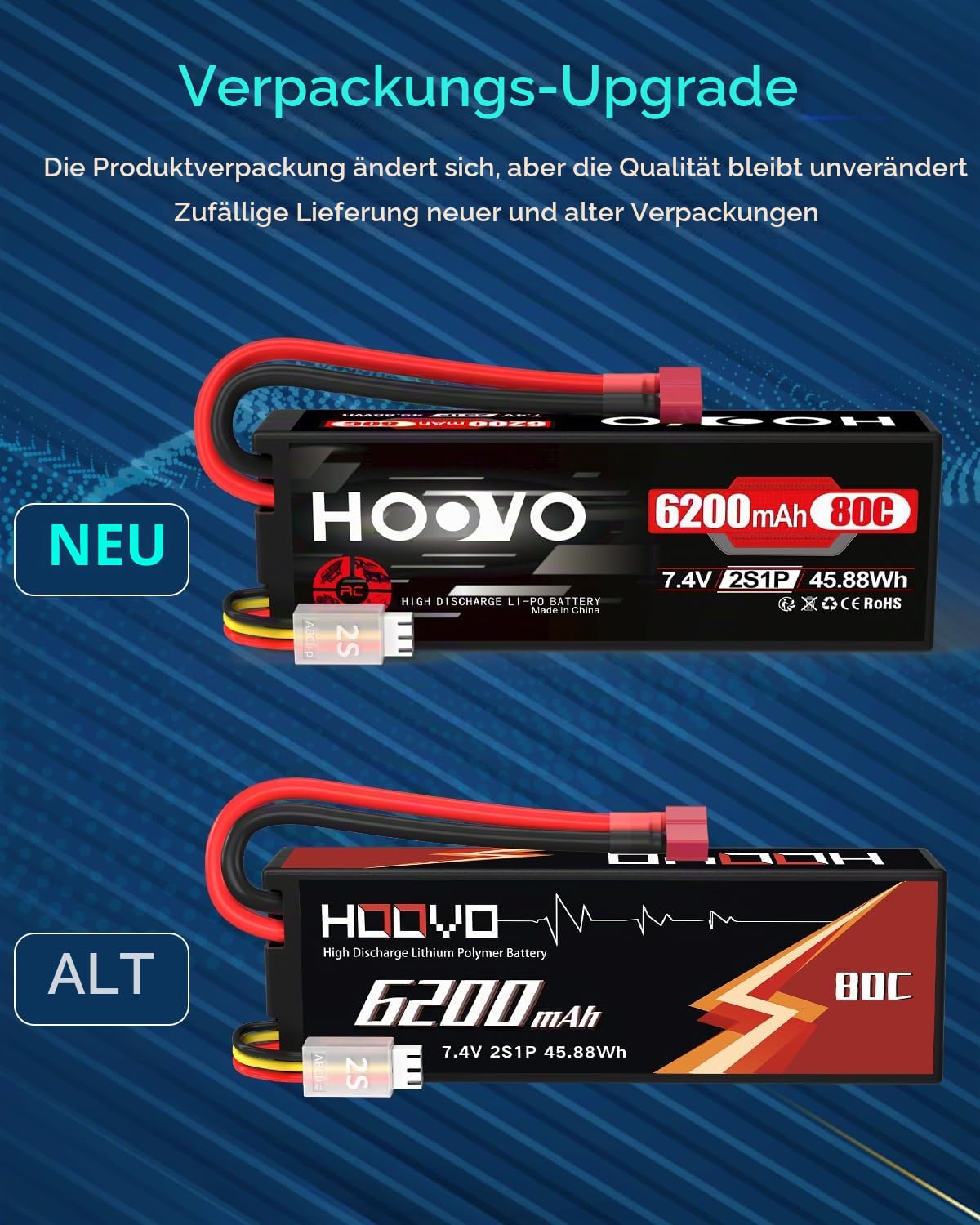 2S Lipo Akku 7,4V 80C 6200mAh RC Batterie mit Dean-Style T Stecker Battery HOOVO für RC Auto Flugzeug Helikopter Boot Buggy Quadcopter (2 Packungen)