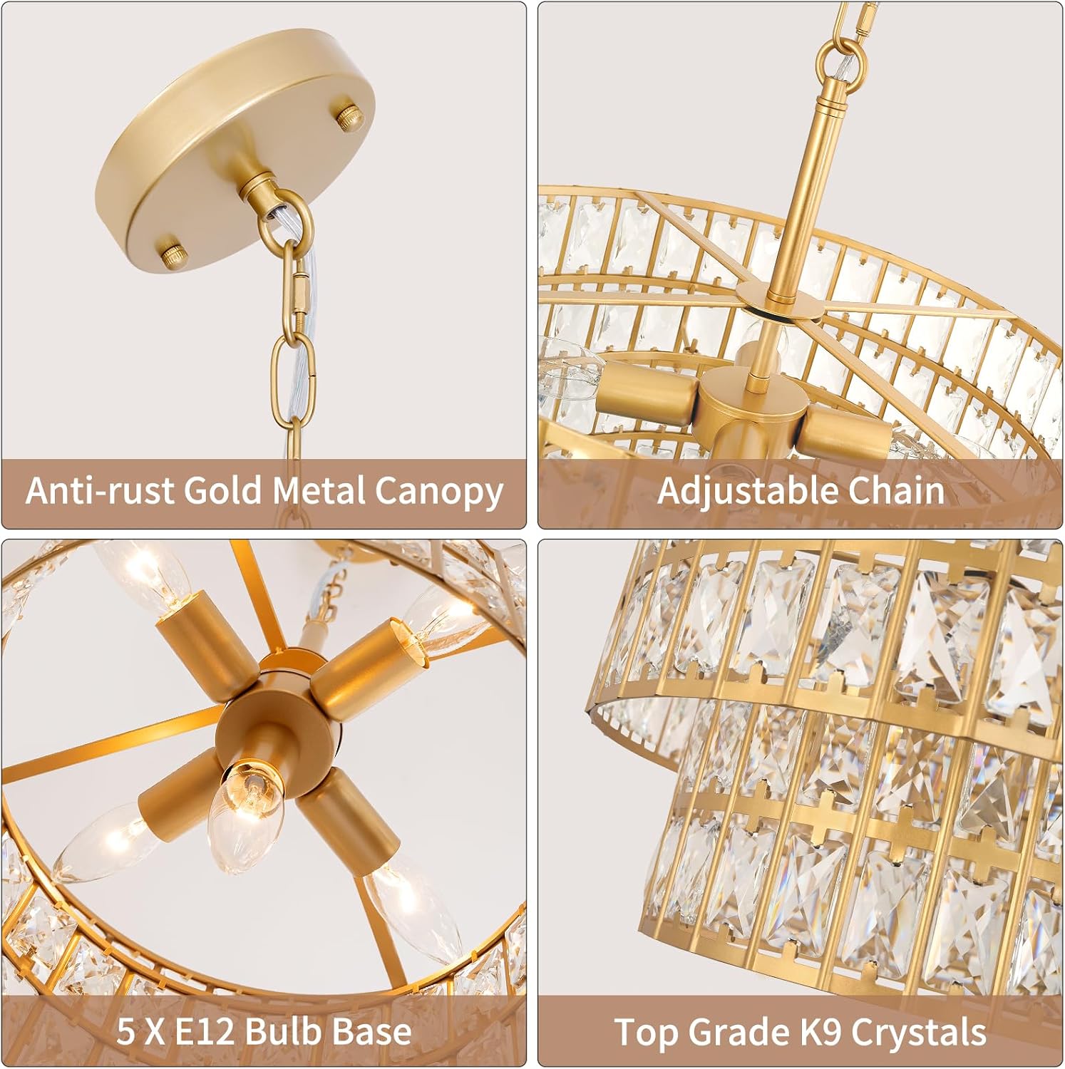 2-Tier Gold Crystal Chandelier, 5-Light 15.35’’ Modern Crystal Chandelier, Adjustable K9 Crystal Pendant Ceiling Light Fixture for Dining Living Room Foyer Entryway Bedroom