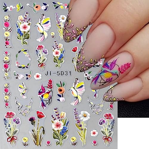 Miniatura 6 de Dornail Calcomanías de uñas bronceadas en relieve 5D, 3 hojas de flores de primavera, hierba, pájaro, calcomanías de arte de uñas, accesorios de