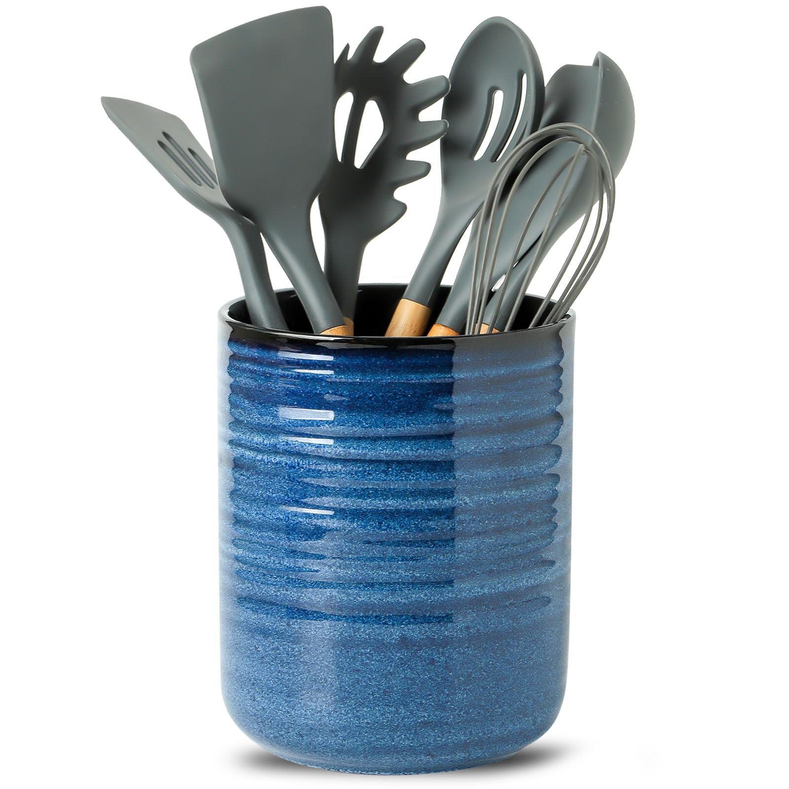 HASENSE Keramik-Küchenutensilienhalter, 18,8 x 15,7 cm, großer Utensilientopf, stabiler Kochutensilien-Organizer für Spatel, Löffel, Schneebesen und Werkzeuge, moderne blaue Küchendekoration