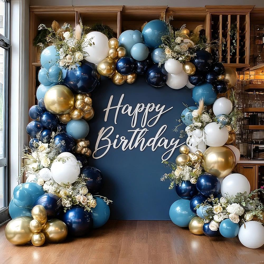 Navy Blue White Balloon Garland Double Stuffed Dusty Blue Gold Pearl White Balloons Beige Cream Balloon Arch Kit for Birthday Baby Shower Wedding Father's Day Graduation Party Decorations