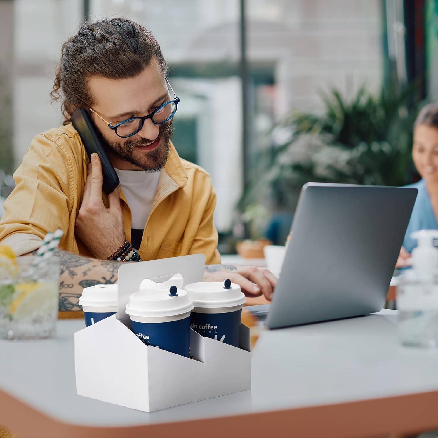 Kraft Cofee Drink Carrier with Handle - 30 Pack 4 Cup Kraft Paperboard Cup Holder Bulk Disposable Cardboard Drink Carrier for 12-32 OZ Drinks, Takeout, Candy, Cafe and Restaurant Food Service Delivery - Image 3