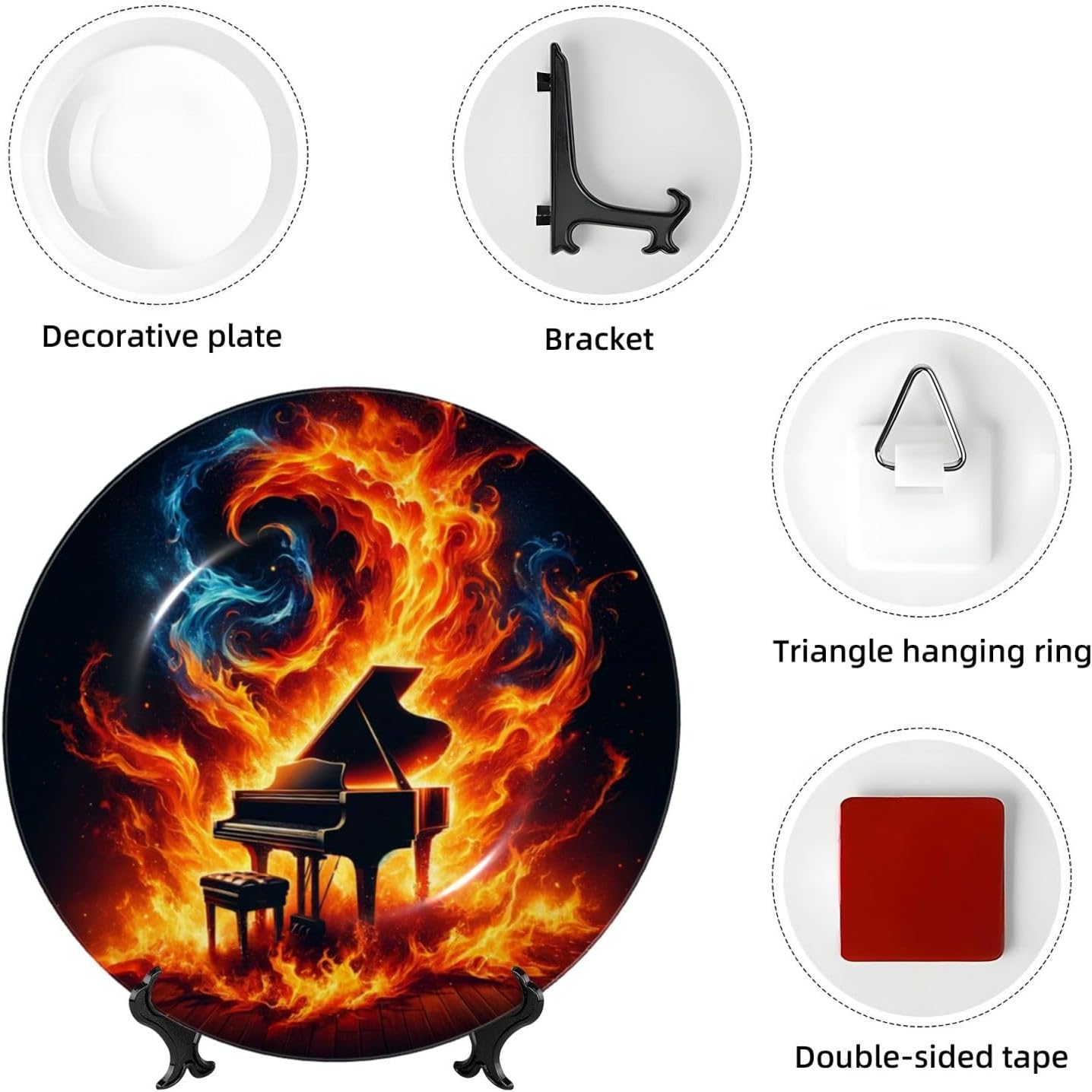 Piano-Flames 10 Inch Decorative Plate With Stand, Elegant Display Wall Plate For Home Decor