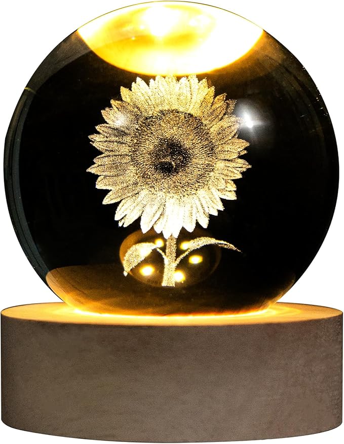 QIANCHANG 3D Laser Etched Sunflower Crystal Ball, Sunflower Decor Glass Sphere Lamp Night Light, Crystal Flower Figurines Collectibles Gifts for Mom Women Girls
