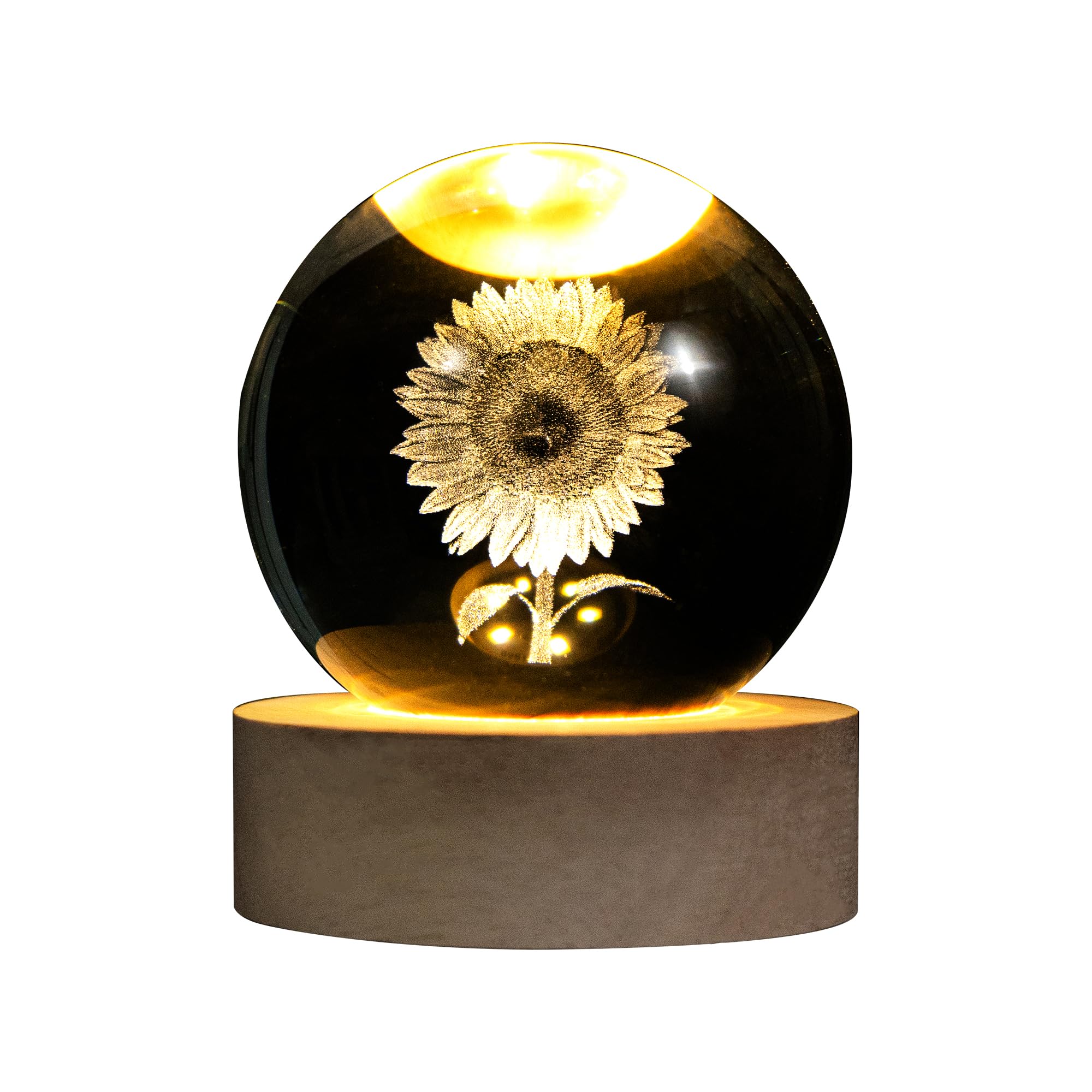 QIANCHANG 3D Laser Etched Sunflower Crystal Ball, Sunflower Decor Glass Sphere Lamp Night Light, Crystal Flower Figurines Collectibles Gifts for Mom Women Girls