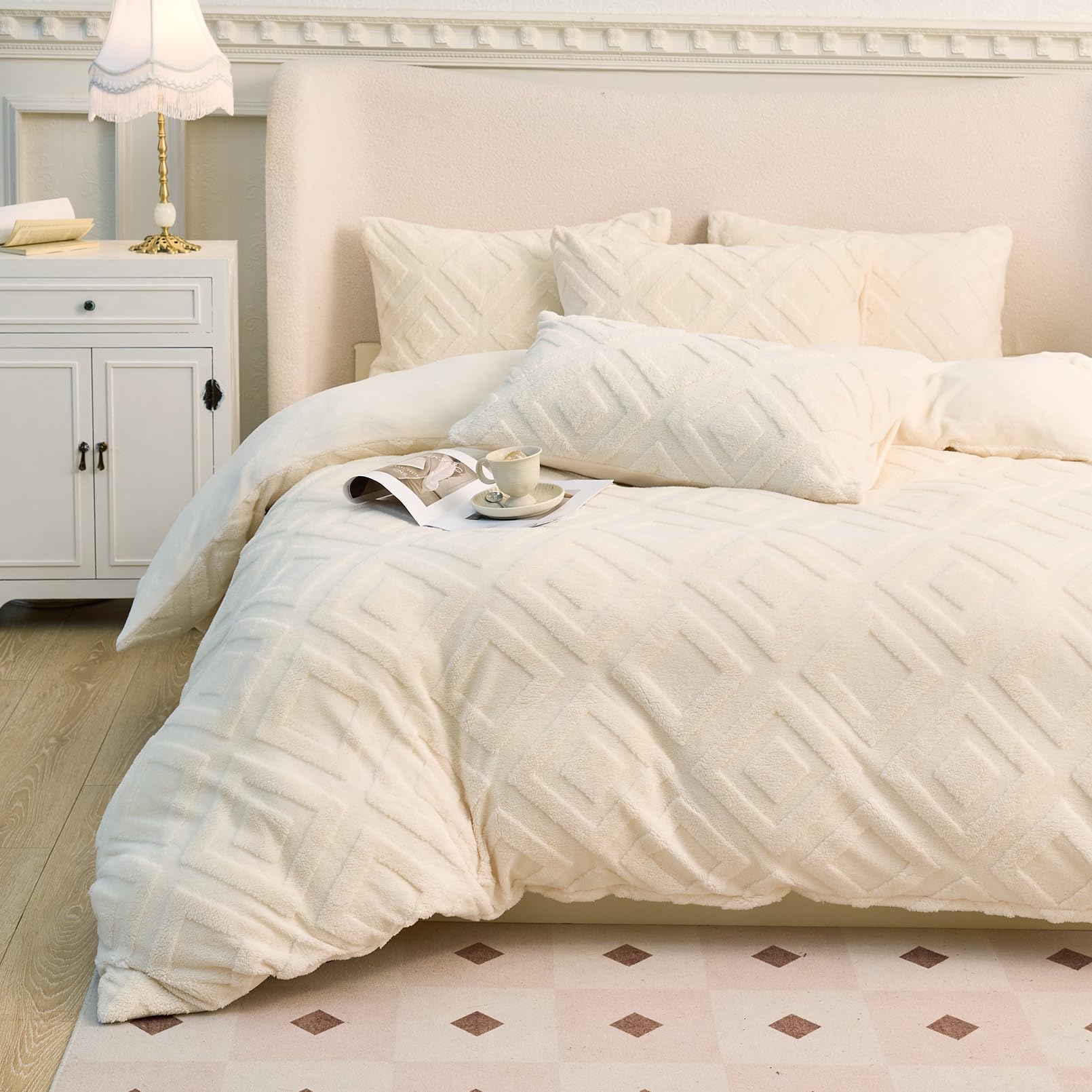 Parure de lit en peluche contre le froid nocturne housse couette douillette beige